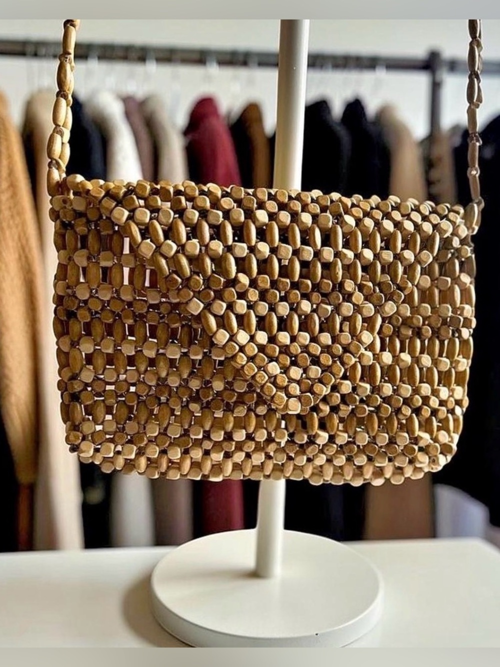 Wood Beaded Shoulder Bag Boho Y2K Natural Neutral Woven Mini Purse